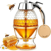 Glass Honey Dispenser with Stand, No‑Drip Syrup Container, Push‑Type ...