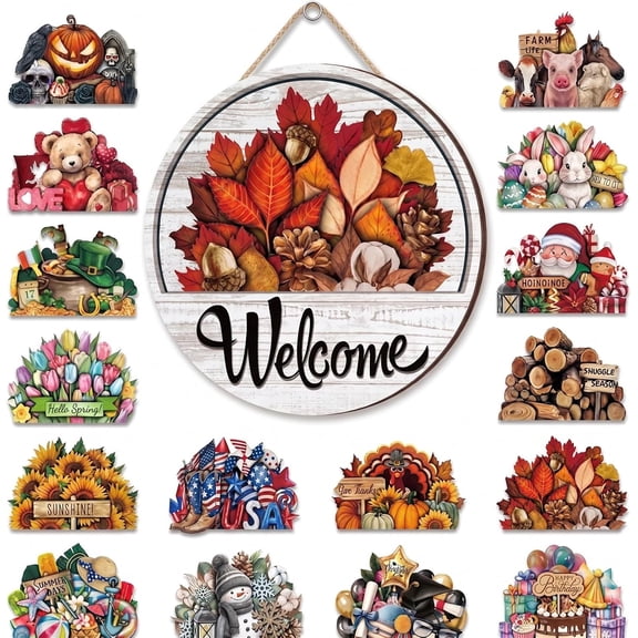 16 Pcs Interchangeable Welcome Sign for Front Door, with 16 Magnetic Icons, Wooden Welcome Signs for Front Door for Holidays and Year Round Home Decor