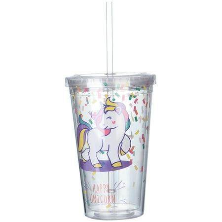 

NUOLUX 450ml Portable Drinking Water Bottle with Straw Double Layer Straws Water Cups Plastic Fashion Drinking Mug (Happy Unicorn)