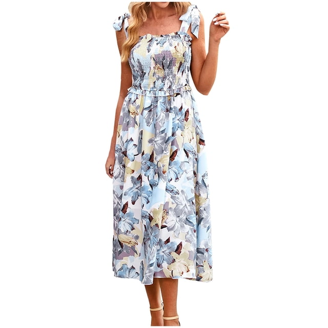 EQWLJWE Robe Longue pour Femmes Robe d'Été Imprimée Sans Manches Col Rond Aguichant Robe de Plage Décontractée Fluide