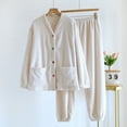 thumbnail image 3 of Women's Pajama Sets Fall Winter Cozy Warm Solid Button V-Neck Tops and Pants Outfits Fluffy Plush Loungewear with Pockets, 3 of 3