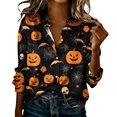 thumbnail image 2 of Women's Halloween Shirts Long Sleeve Button Down Blouses Skull Bat Pumpkin Graphic Print Tops Casual Collared V Neck Fall Holiday Festival Clothes, 2 of 5