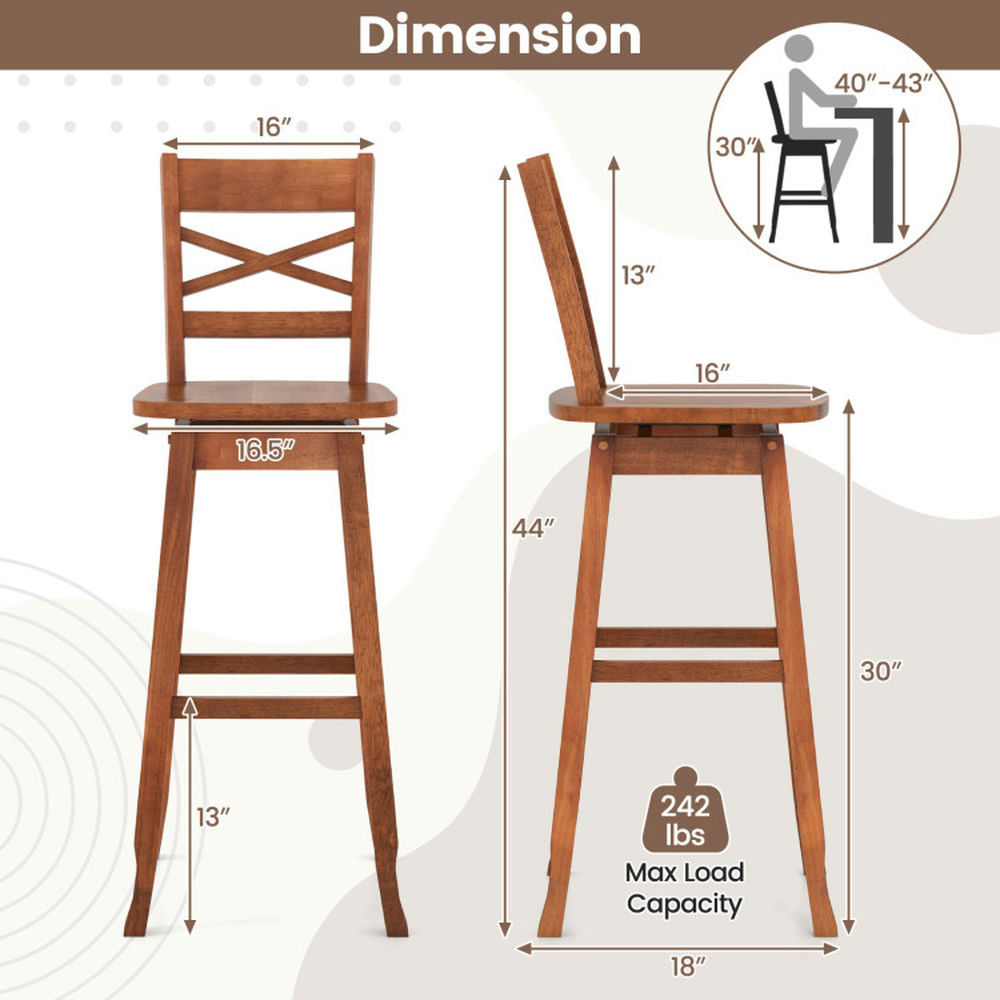 Demi Bonn Set of 2 Swivel Counter 30" Height Bar Stool withclined Backrest, Modern Kitchen Dining Chair, Brown