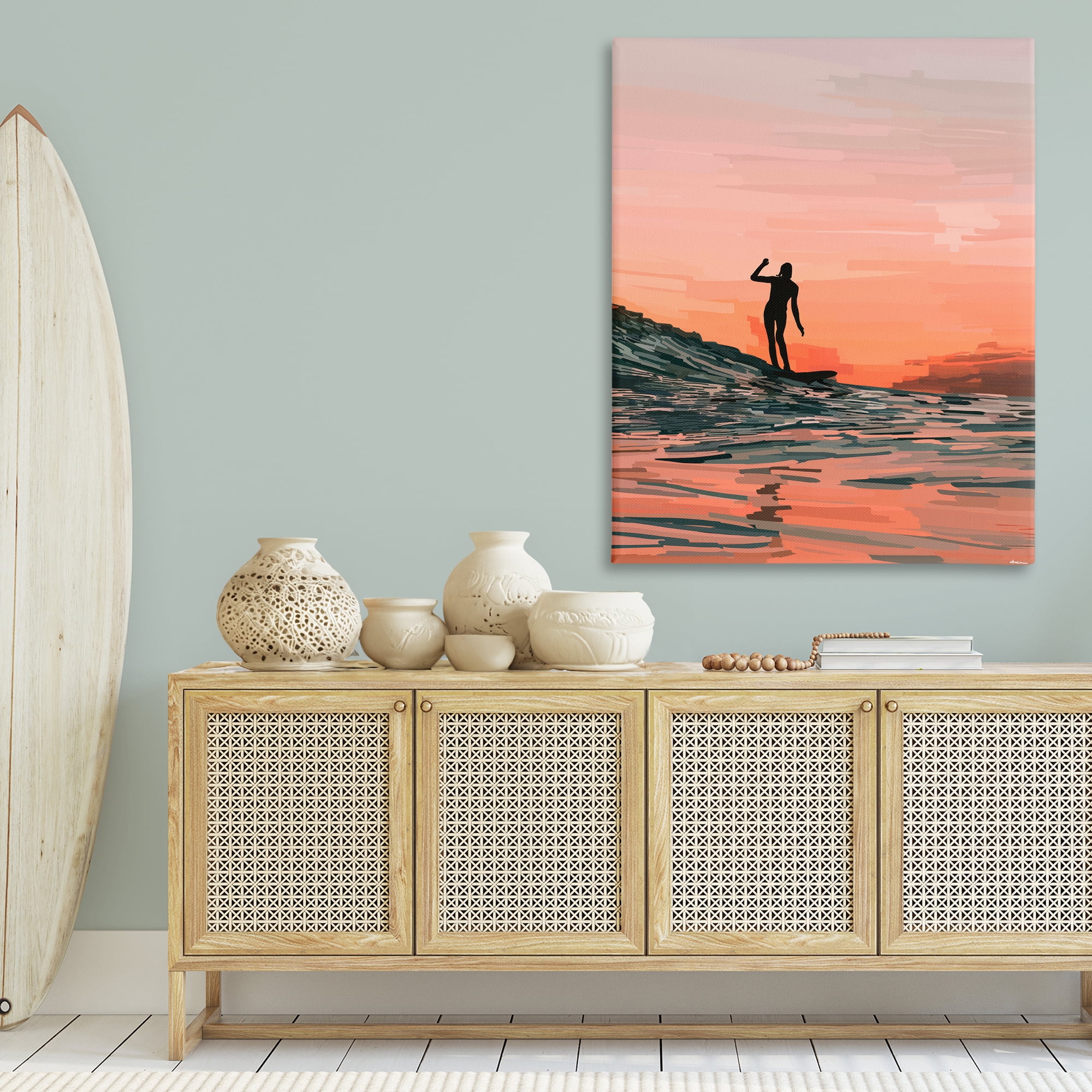 Stupell Industries Woman Surfing at Sunset Nautical & Beach Painting Wrapped Canvas Art Print Wall Art, 36 x 48