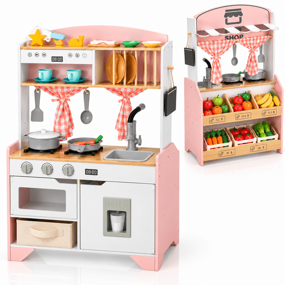 Ktaxon 2-in-1 Wooden Kids Kitchen & Market Stand, Double-Sided Pretend Play Set with Sink, Oven & Accessories, Pink