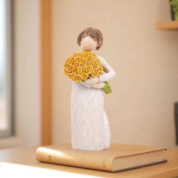 Hand-Painted Yellow Rose Bouquet Figurine, Resin Angel Statue for Home Decor, Sympathy & Wedding Gift, Tabletop Sculpture