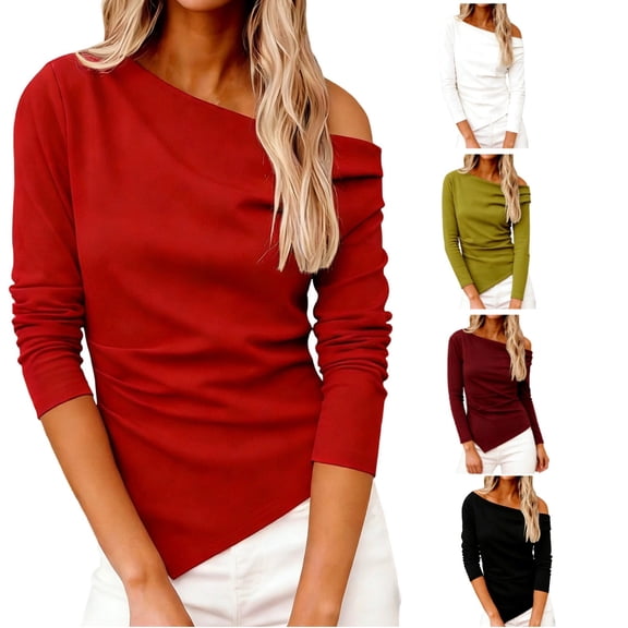 FRSASU Women's off Shoulder Tops Dressy Long Sleeve Asymmetrical Slim Fit Going Out Summer Blouse Ruched Shirts White