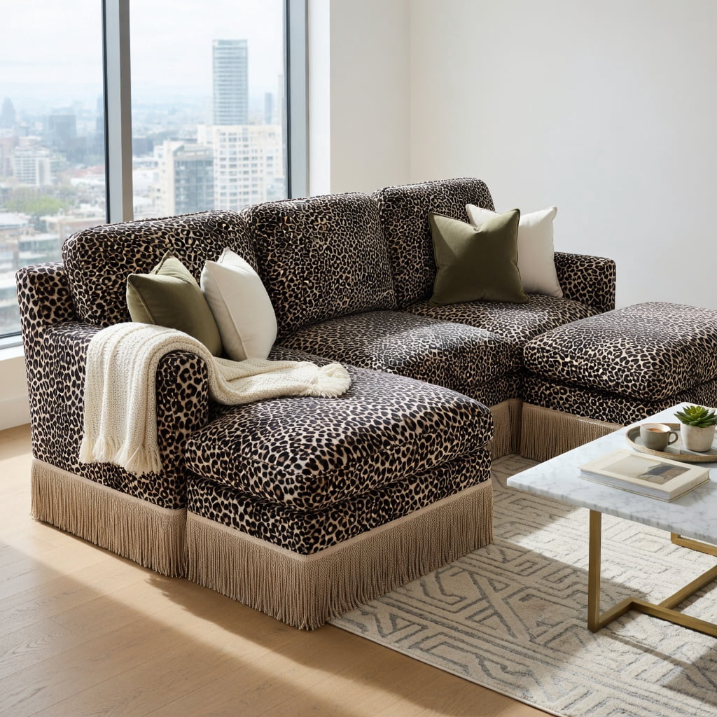 Hommoo 131" Leopard Print Chenille L-Shaped Sectional Sofa with Movable Ottoman, Tassel Trim, Ergonomic Support & Easy Assembly, Modern Living Room Set, khaki