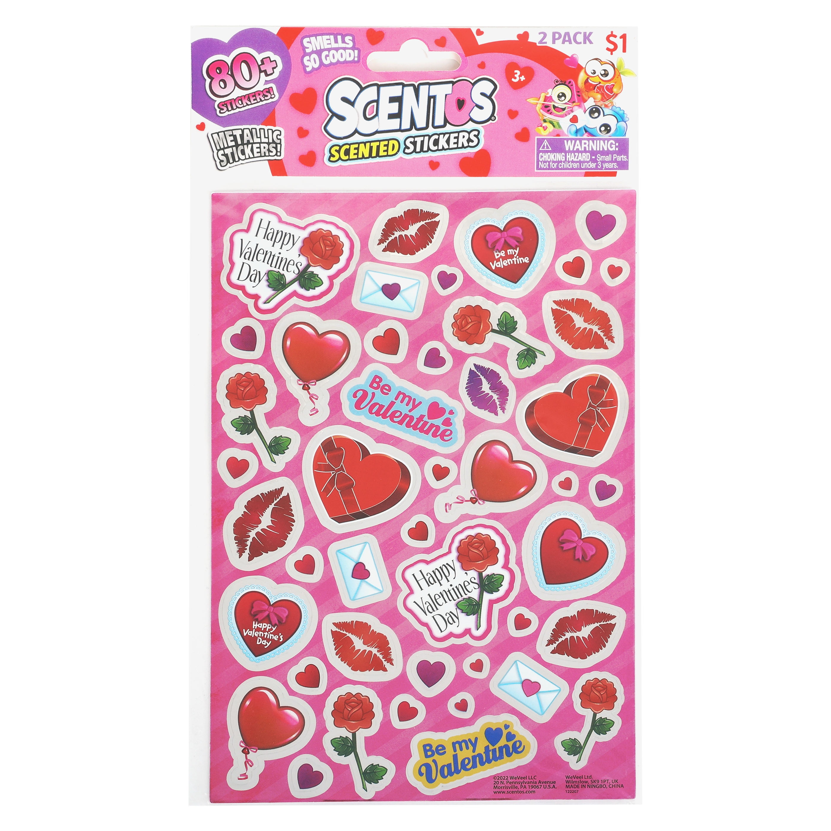 Scentos Valentine's Day 80+ Scented Metallic Stickers Pink - Ages 3+, Stationery