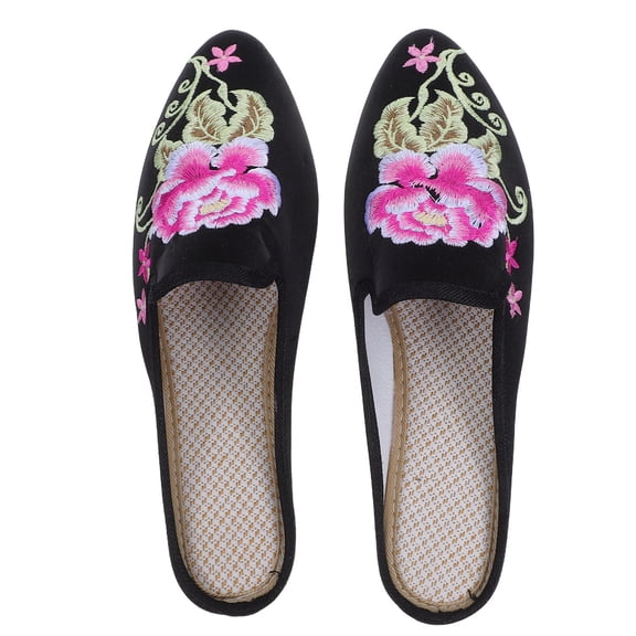 HONMEET Women's Black Ethnic Embroidered Slippers, Comfortable Cotton Blend Floor Shoes with Sole, Size 39