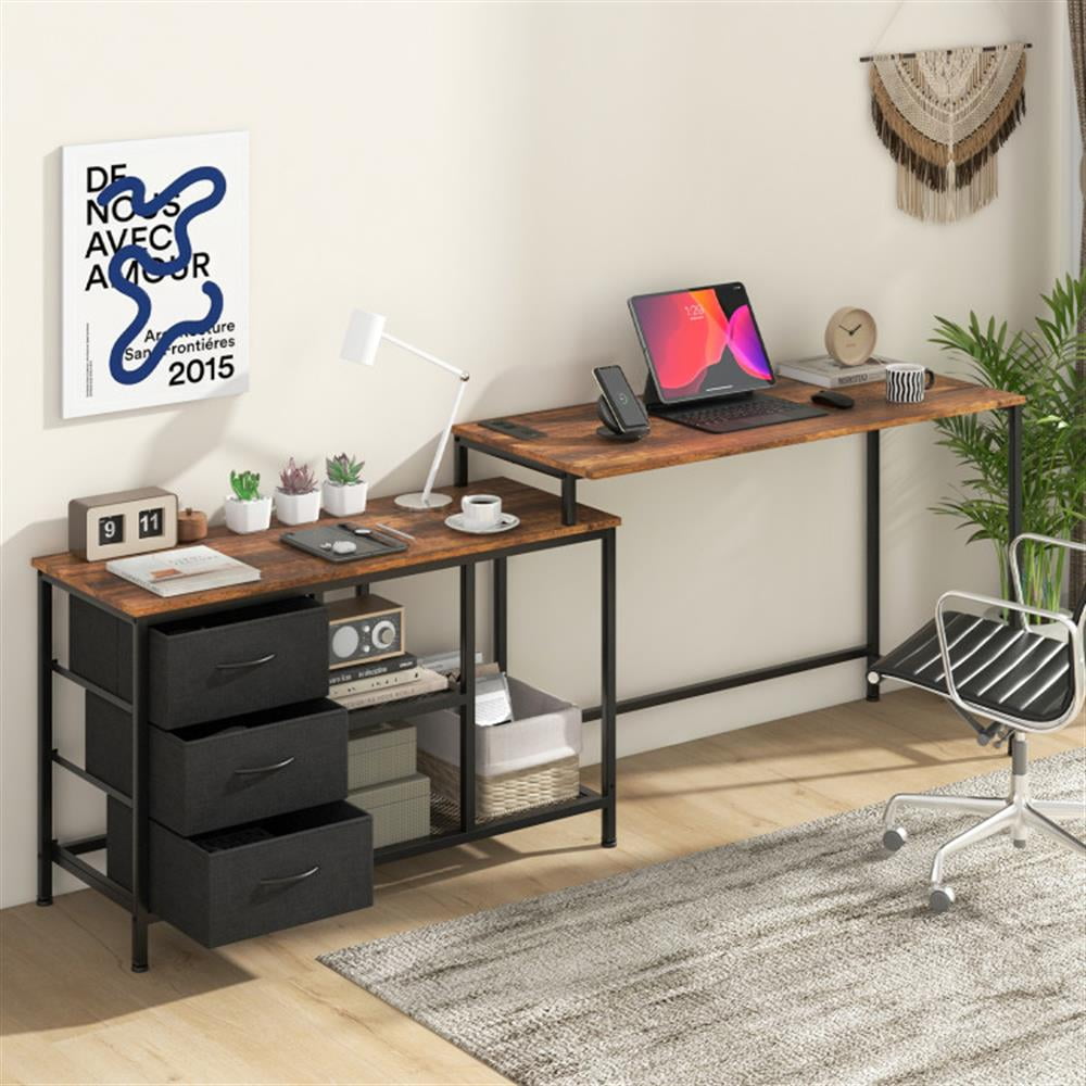 Demi Bonn L-shaped Computer Desk with Power Outlet for Working Studying Gaming, Small Home Office Desk Study Writing Table, Brown