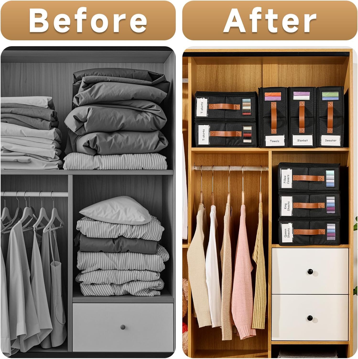 VOZOGO 8 Pack Bed Sheet Organizers and Storage,Sturdy Foldable Closet Storage Containers with Window and Label,Bedding Holder for Sheet Set (King/Queen Sizes),Duvet Covers,Blankets,Black