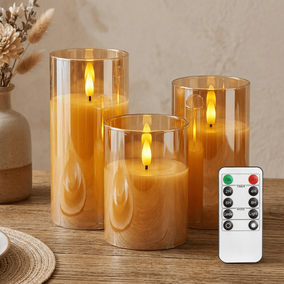 Goyuon Flameless Candles Battery Operated with Remote Control Timer Pillar  Warm Flickering Light 3 Pack Gold
