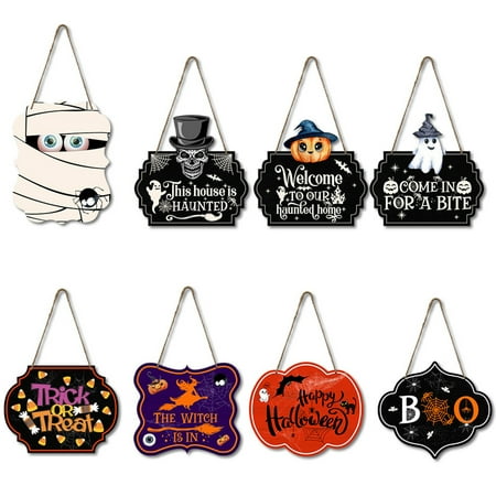 

Meidiya Halloween Hanging Signs Pendant Pumpkin Mummy Trick Or Treat Witch Haunted House Party Decoration Happy Halloween Wooden Halloween Hanging Pendant for Porch