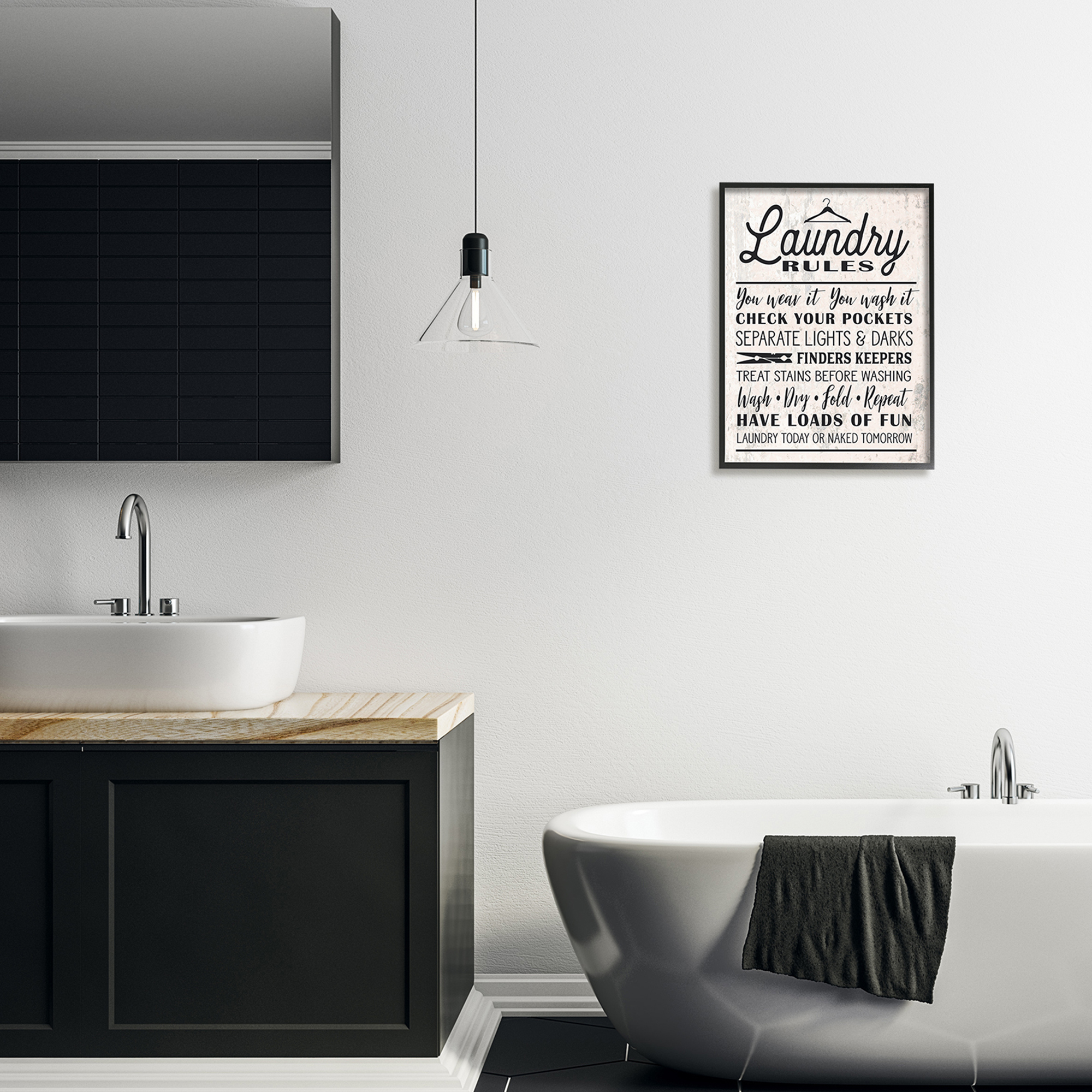 The Stupell Home Decor Collection Black on White Washed Texture Laundry Rules Typography with Icons Framed Giclee Texturized Art, 16 x 20