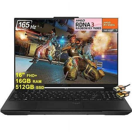ASUS TUF Gaming A16 Laptop 16" FHD+ 165Hz 7ms AMD Octa-core Ryzen 7 7735HS (Beat i7-11800H) 16GB RAM 512GB SSD Radeon RX 7600S 8GB Graphic Backlit USB-C USB4 Fast Charging Win11 + HDMI Cable