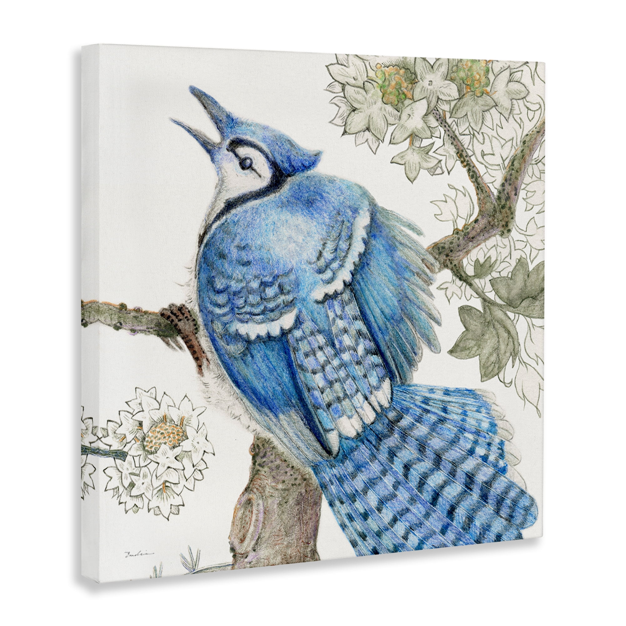 Stupell Industries Rhododendron & Blue Jay Animals Painting Wrapped Canvas Art Print Wall Art, 17 x 17
