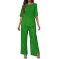 thumbnail image 3 of Women's 2 Piece Outfit, Asymmetric Hem Short Sleeve Top and High Waist Wide Leg Pants Set, Casual Matching Sets, Summer Outfits for Women, Vacation and Travel Outfit​-Green, 3 of 10