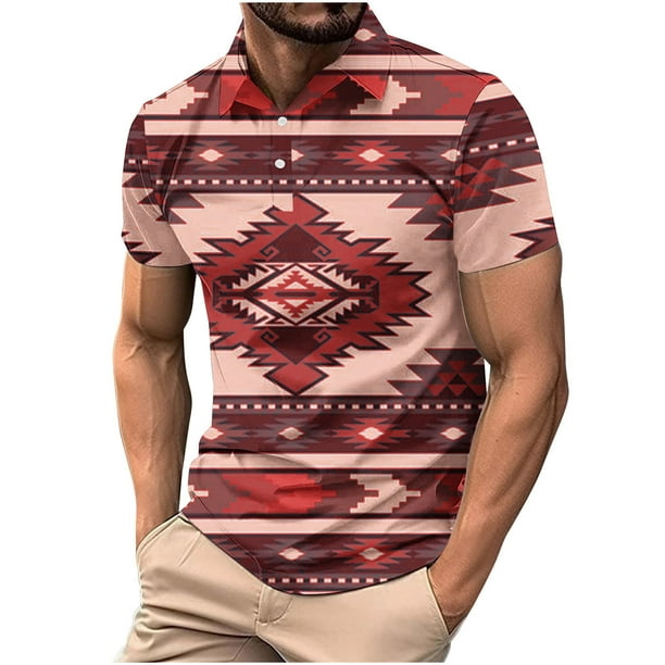 Camisas de Manga Larga para Hombres Impresos Girar Hacia Abajo Botones de Cuello Lateral Dividido, Casual Blusa de Manga Corta