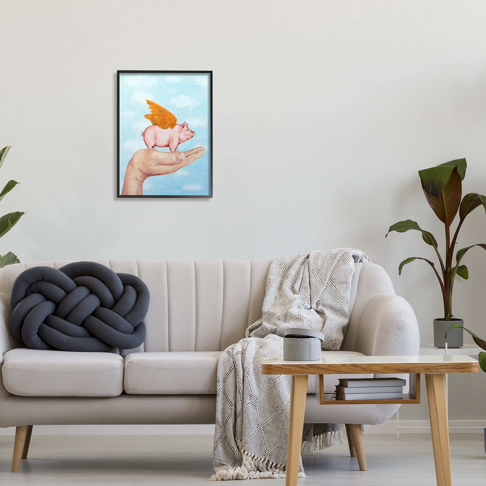 Stupell Industries Flying Pig in Palm Wings Fluffy Clouds Illustration Paintings Black Framed Art Print Wall Art, 16x20, by Coco de Paris