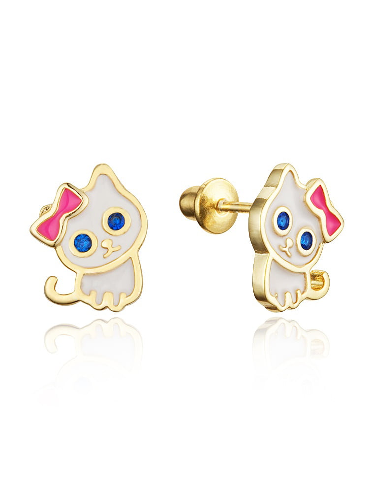 Crystal Cat Kitty Earrings Silver plated Girls cute earrings 