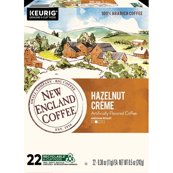 New England Coffee Hazelnut Crème, Medium Roast, Keurig K-Cup Coffee Pods, 22 Count Box