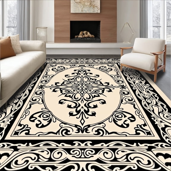 ODIKA 4'x6' Machine Washable Non-Slip Area Rug, Luxurious Damask Scrollwork Ornate Victorian Inspired High Traffic Rug, Beige, 590660
