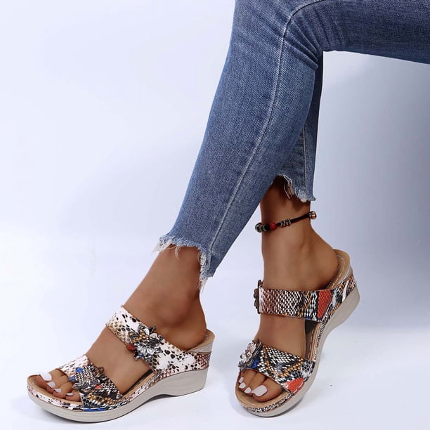 Zapatillas de cuña para mujer de fondo plano con tacón alto y flores informales retro de verano Wmkox8yii hj789