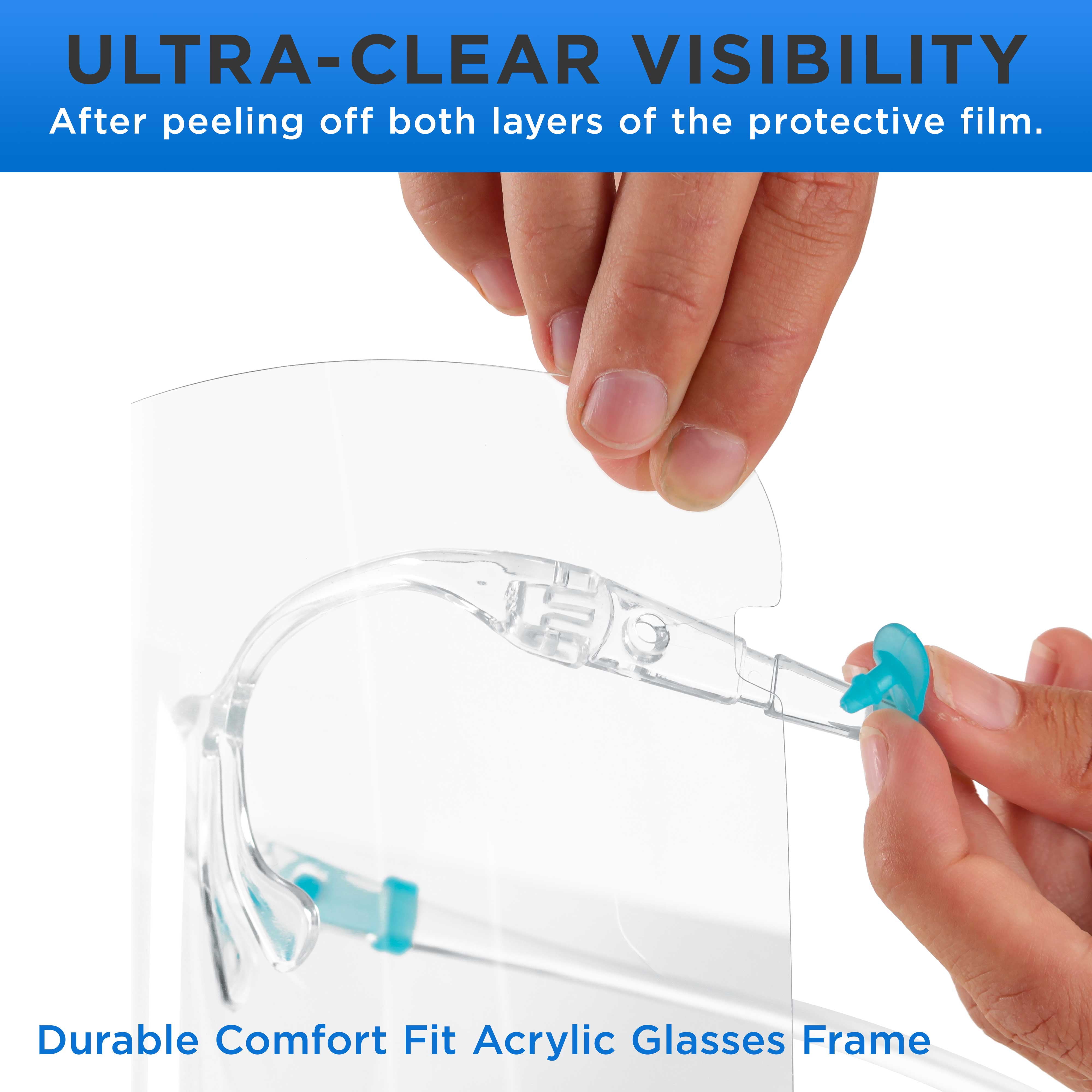200 Safety Face Shields with Glasses Frames (20 Packs of 10) - Ultra Clear Protective Full Face Shields to Protect Eyes, Nose, Mouth - Anti-Fog PET Plastic, Goggles, Sanitary Droplet Guard