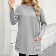 Dxzfnsa Women's Leisure Fall And Winter Round Neck Long Sleeves Pocket Pullover Tops Business Casual Outfits for Women Gray-M