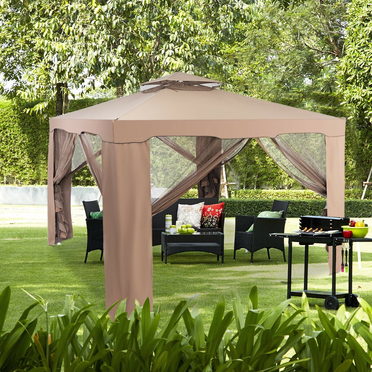 Gymax 10'x 10' Canopy Gazebo Shelter W/Mosquito Netting Outdoor Patio  Coffee