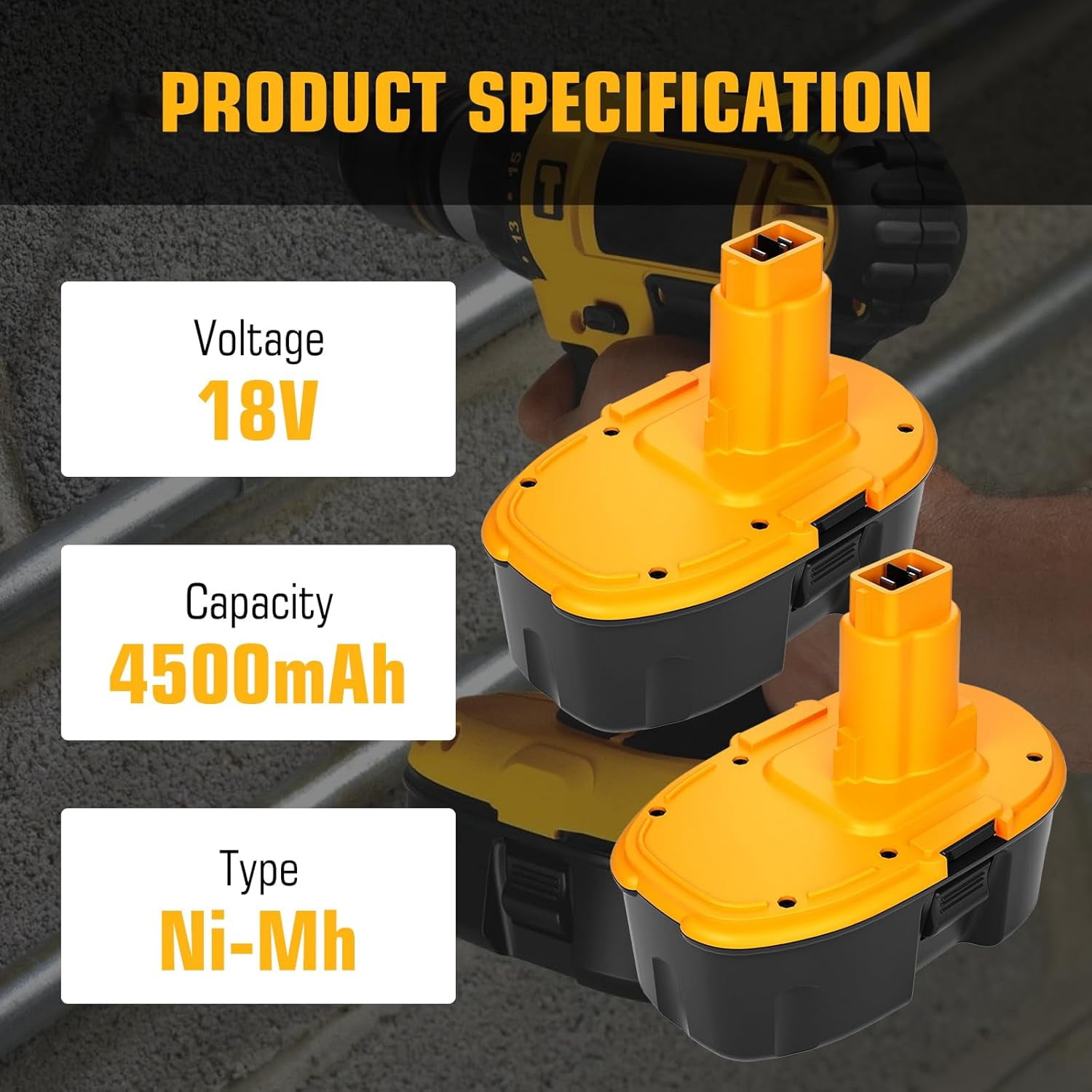4 Packs 4500mAh Ni-Mh 18V DC9096 DC9098 DC9099 DW9098 Replacement Battery Compatible with Dewalt 18 Volt Batteries DW9095 DW9096 DW9099 DE9039 DE9095 DE9096 DE9098 DE9503(Yellow)