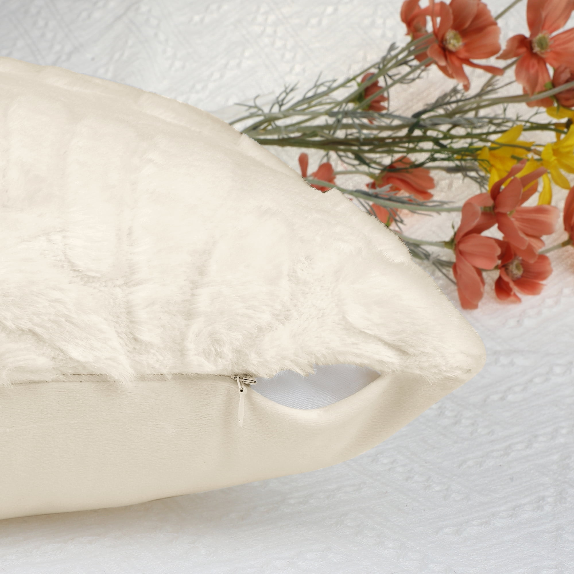Unique Bargains Basho Leaf Pattern Cushion Covers Solid Fluffy Plush Pillow Covers 2 Pcs Beige 18" x 18"