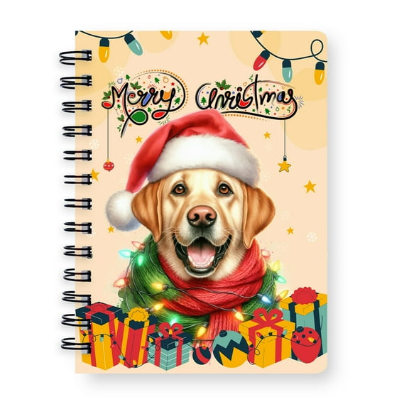 Merry Christmas Santa Labrador Retriever Scarf Twinkling Lights Xmas Holiday Spiral Bound Journal Lab Dog Lover Gifts 5x7in Spiral Notebook - 00022