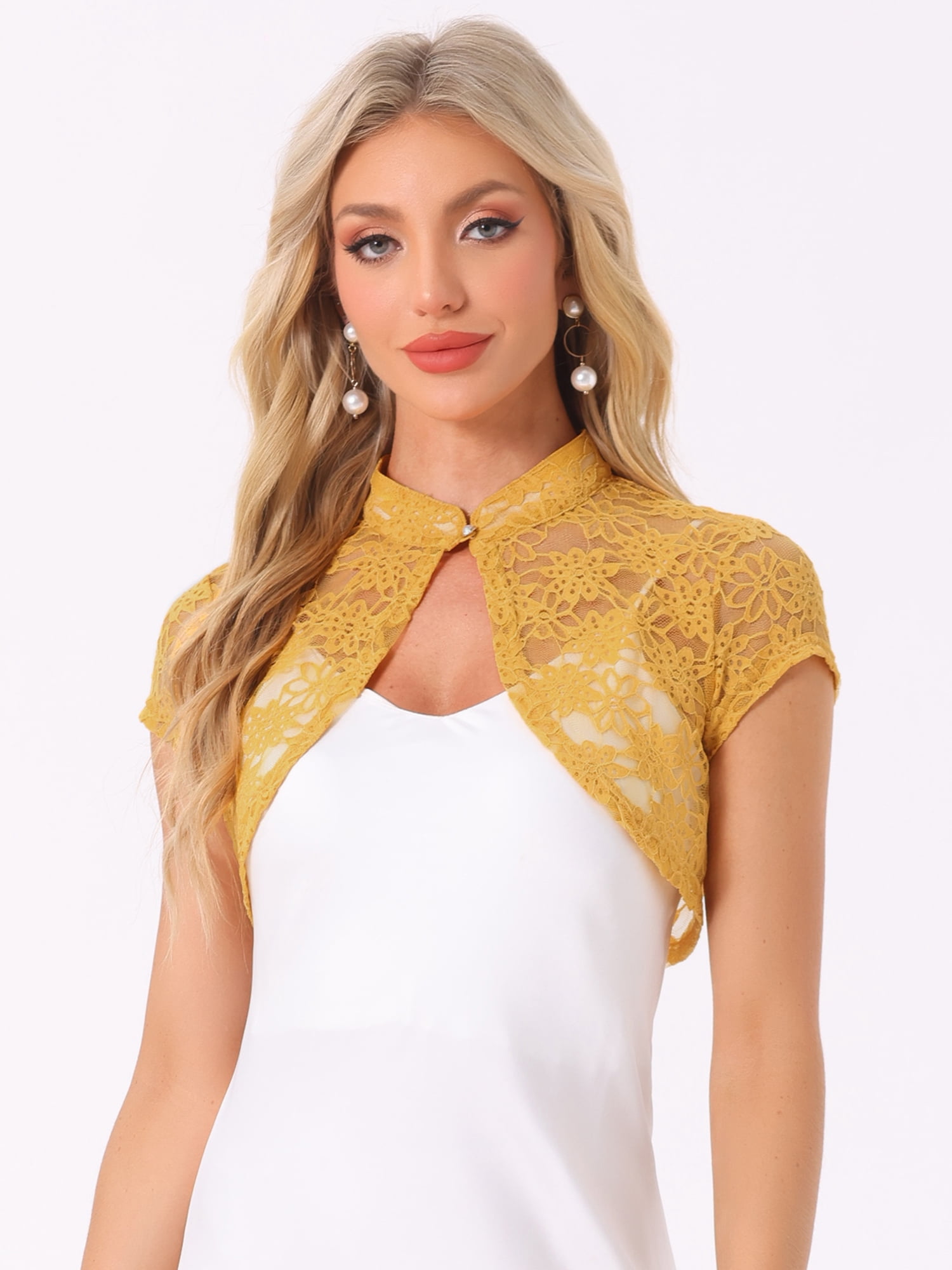 DARING DIVA Women's Lace Cardigan Stand Collar Short Shrugs L Yellow