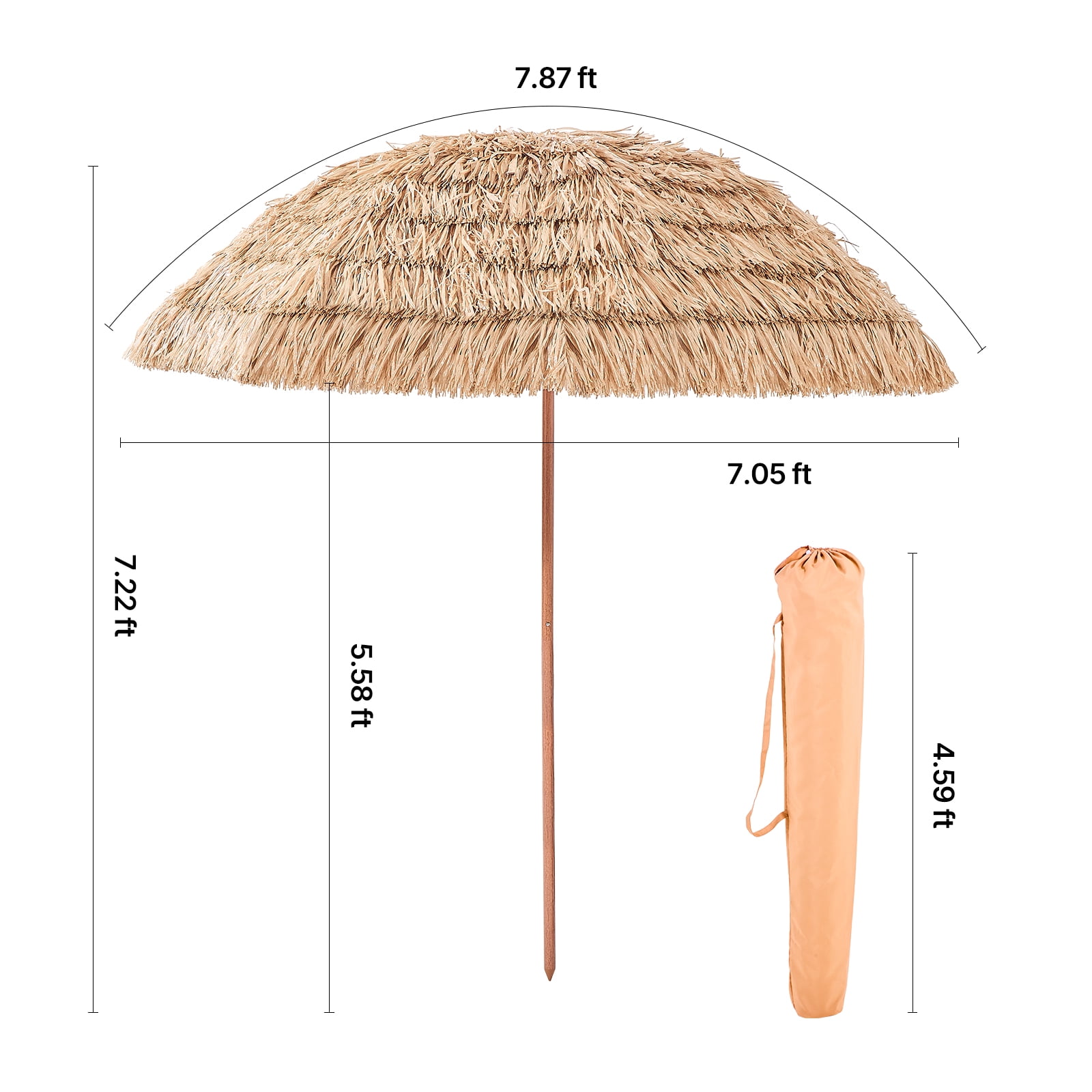 KFFKFF 8 ft Thatched Patio Umbrella with Tilt, Hawaiian Style Beach Parasol Featuring Durable PP Thatch and 8 Metal Ribs, Ideal for Beach, Patio, Poolside, Backyard, and Garden