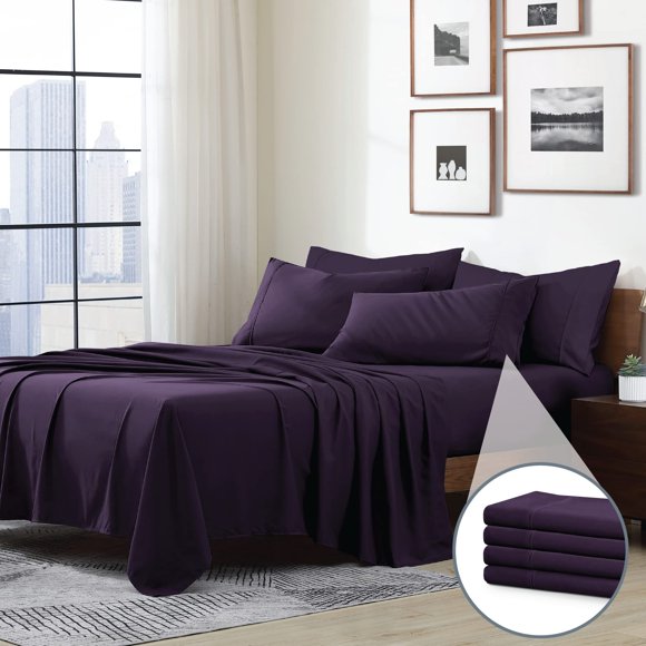 Swift Home King 6-Piece Microfiber Sheet Sets (Includes 2 Bonus Pillowcases) Ultra-Soft Brushed - Extremely Durable - Easy Fit - Wrinkle Resistant King Eggplant