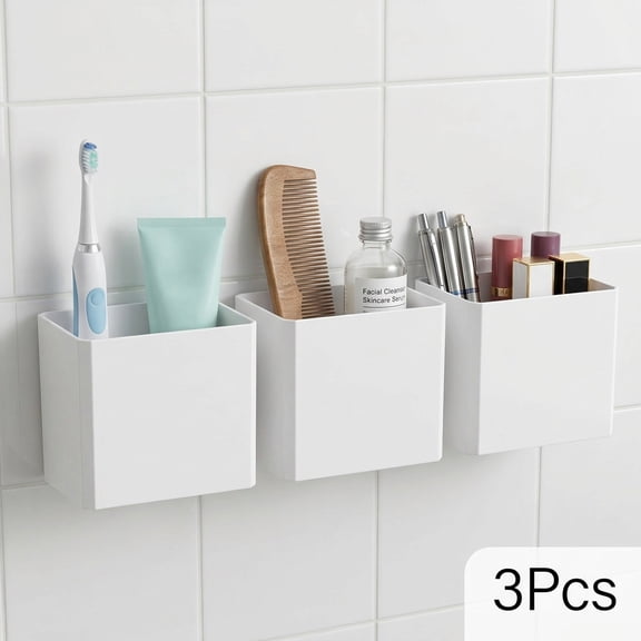 Atopoler 3 Pcs Wall Mounted Storage Box,Self Adhesive Plastic Holder,Multi Purpose Container with Bottom Hollow for Bathroom Kitchen,White Color