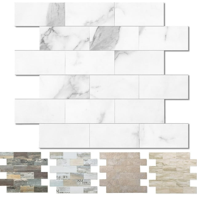 OYASIMI 1-sheet Marble White Peel and Stick Backsplash, 12‘‘ PVC Ceramic Look Subway Tile, Waterproof Peel and Stick Wall Tiles for Kitchen and Bathrrom