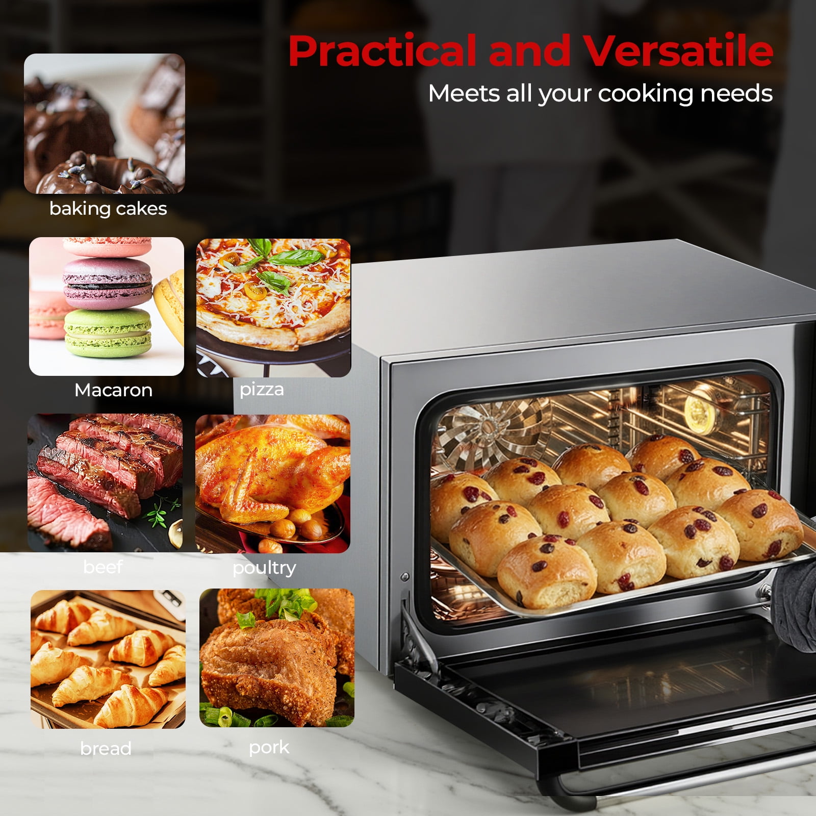 Commercial Convection Oven, 2500W Countertop Oven 50QT Large Capacity Toaster Oven with 122-572°F Control,for Restaurant Bakery Pizza Shop Food Truck