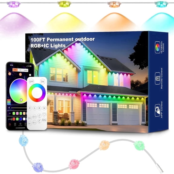 BLITZWILL 100FT/30M Permanent Outdoor Lights,50 RGB IC LEDs ,Waterproof Smart Eave Lighting,with App/Remote Control Eaves Light, DIY LED Scenes Modes for House Roof Decor,Party