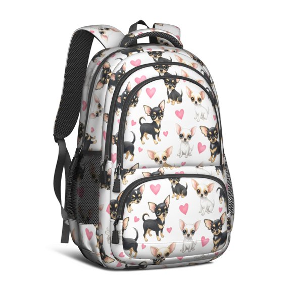 Chihuahua and Heart White Pattern Backpack for School, Cute School Bag with Adjustable Shoulder Straps and Padded Back, 16.9"x12.6"x5.9"