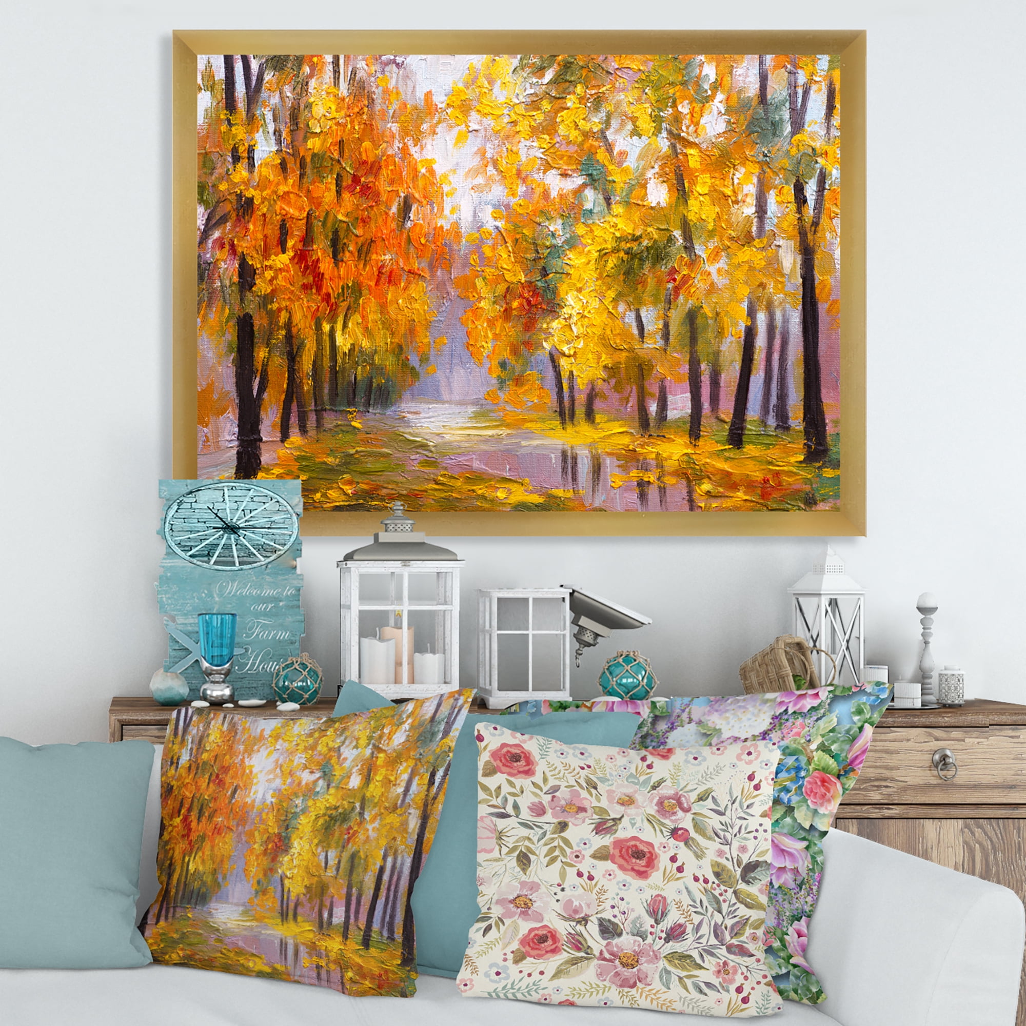 Designart 'Forest Full Of Fallen Leaves In Autumn Along River' Lake House Framed Art Print