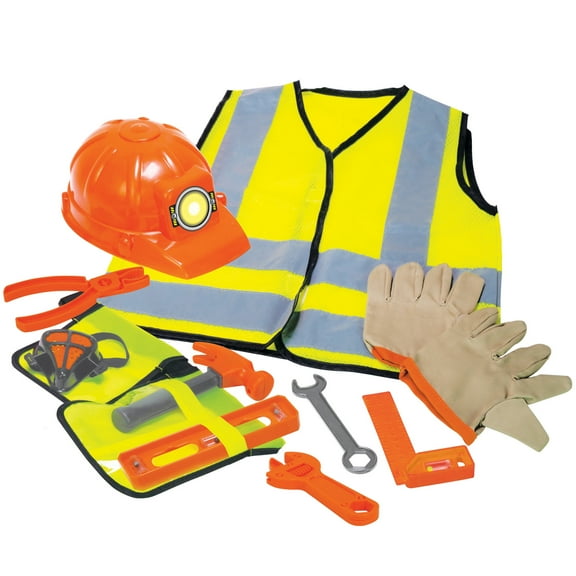 Playful Minds: Construction Worker Roleplay Set - 12pc, Yellow & Orange Costume, Vest, Hard Hat, Belt-Tool Toy Accessories, Dress-Up, Pretend, Kids 3 