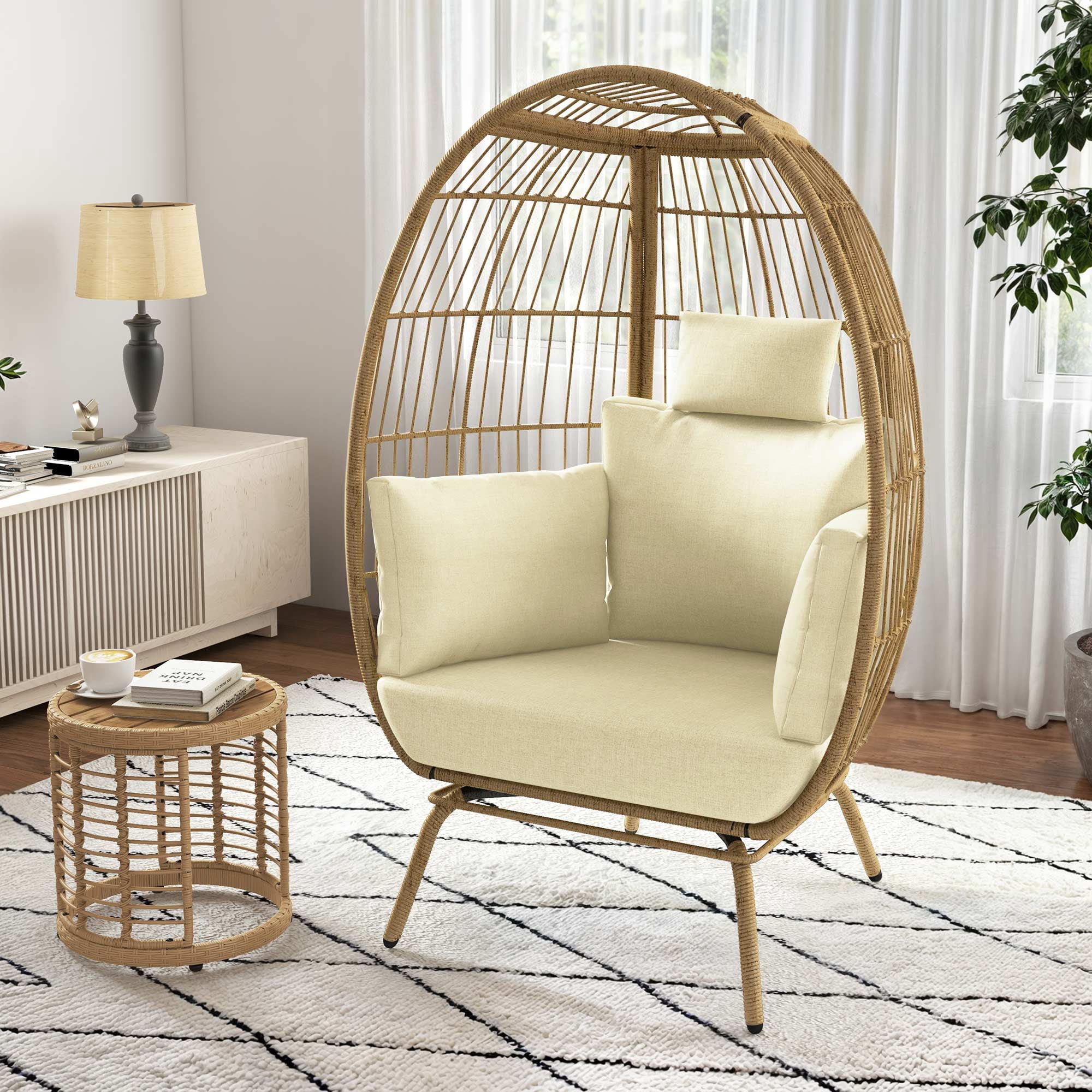 Uforic Outdoor Egg Chair with Cushion,Patio Wicker Basket Chair with Stand and Beige Cushion Cocoon Chair
