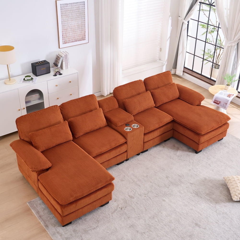 124" U-Shaped Modern Sectional Sofa w/ Console, Cup Holders & Pillows,  Comfortable Seating