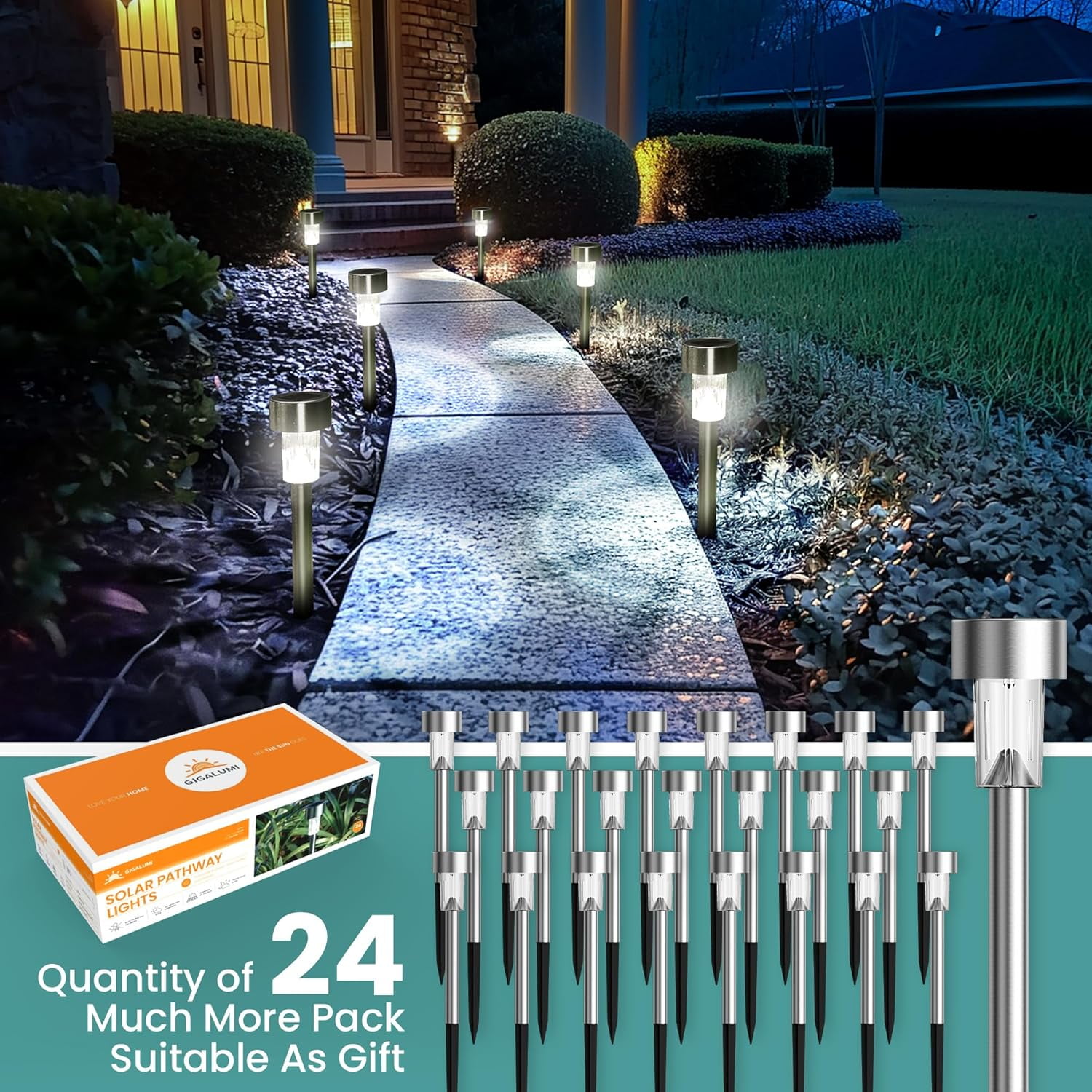 24 Pack Solar Path Lights Outdoor,Solar Lights Outdoor Waterproof,Stainless Steel LED Landscape Lighting,Solar Garden Lights for Driveway,Pathway,Patio,Yard
