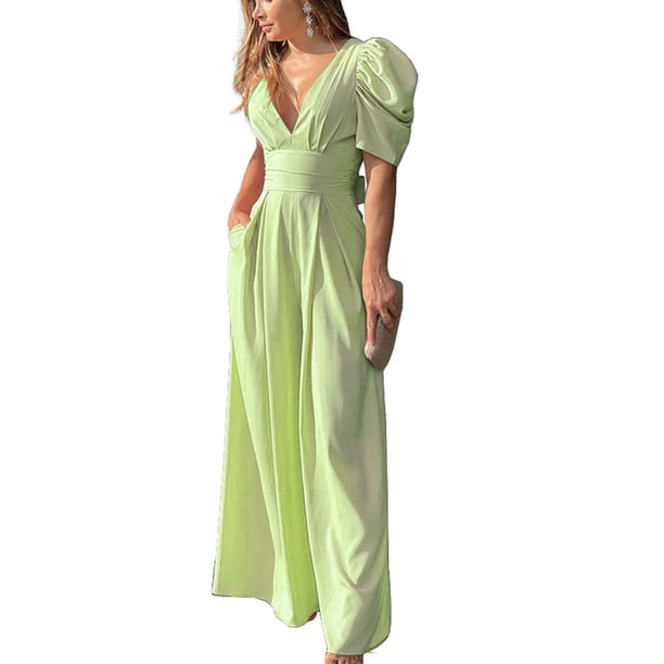 TRKIYQC Mono de una pieza con cuello en V profundo y manga bombada para mujer, sexy, elegante, con lazo en la cintura (verde claro, M) TRKIYQC Moda,ocio