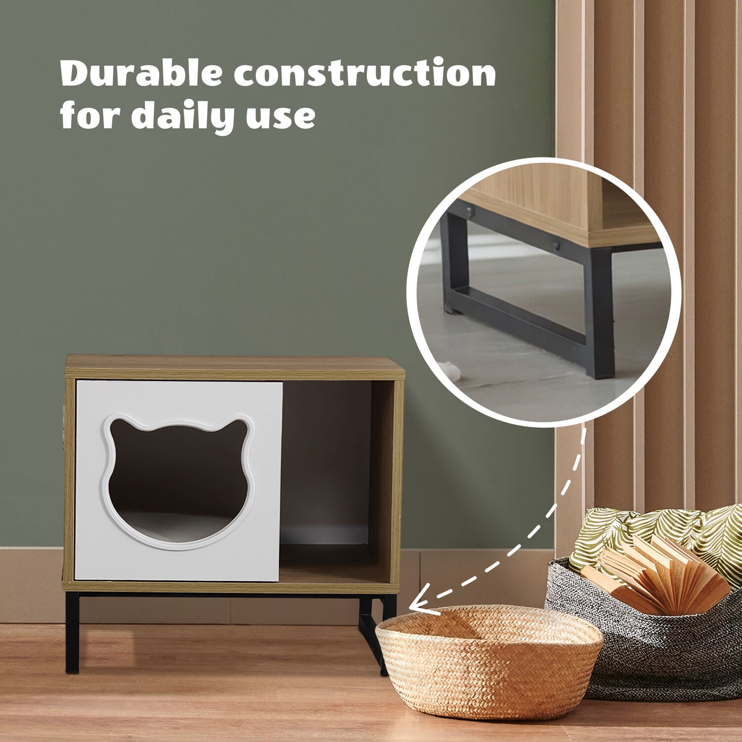 Critter Sitters Multi-Functional Cat House and Side Table with Hidden Litter Box, Wood/Neutral