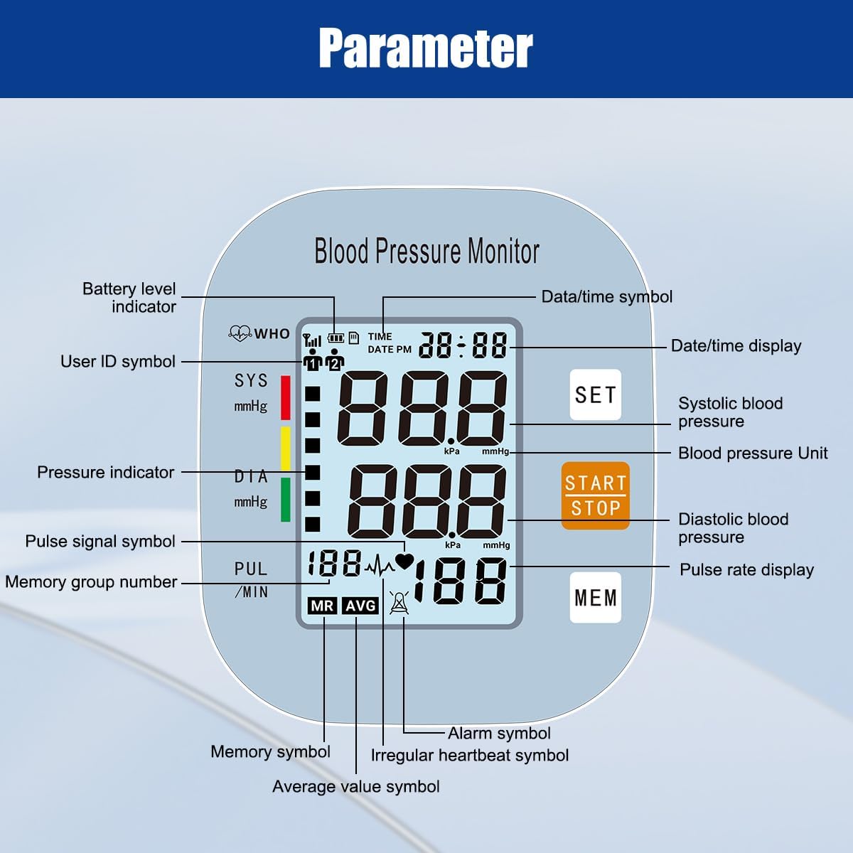 Monitor de presión arterial, máquina de presión automática con pantalla retroiluminada grande, precisa para 2 usuarios con brazalete y bolsa de almacenamiento, azul 8